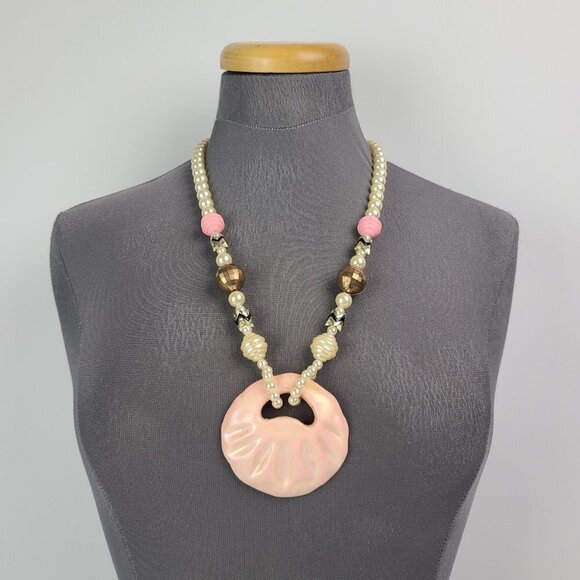 Vintage Pink Pearl Beaded Pendant Necklace - Picture 1 of 8